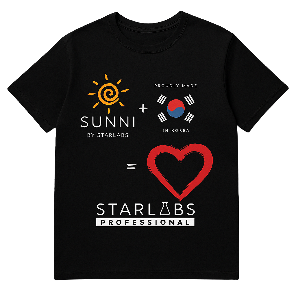 Black Cotton Starlabs Beauty Branded Shirt with Made in Korea Emblem and Sun logo and heart