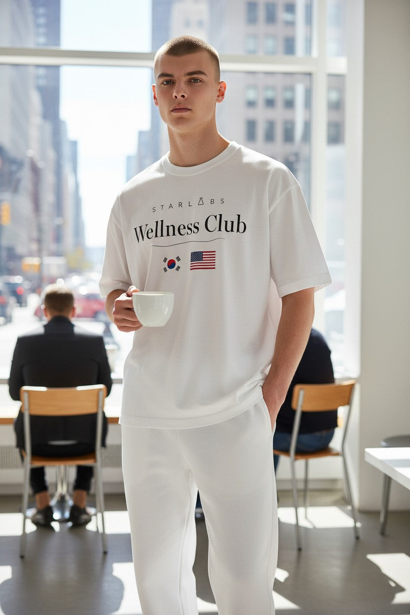 Man in a white t-shirt with Starlabs Wellness Club text holding a mug in a modern office setting