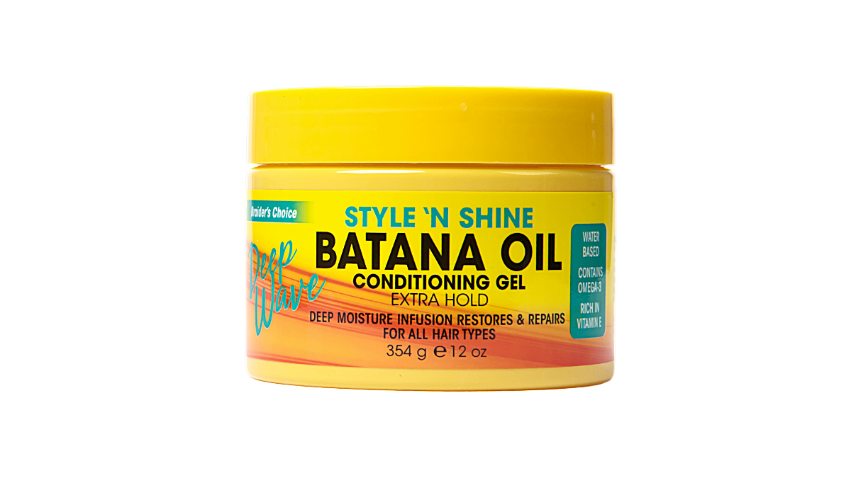 A yellow jar of Deep Wave Style 'N Shine Batana Oil Conditioning Gel on a plain white background.