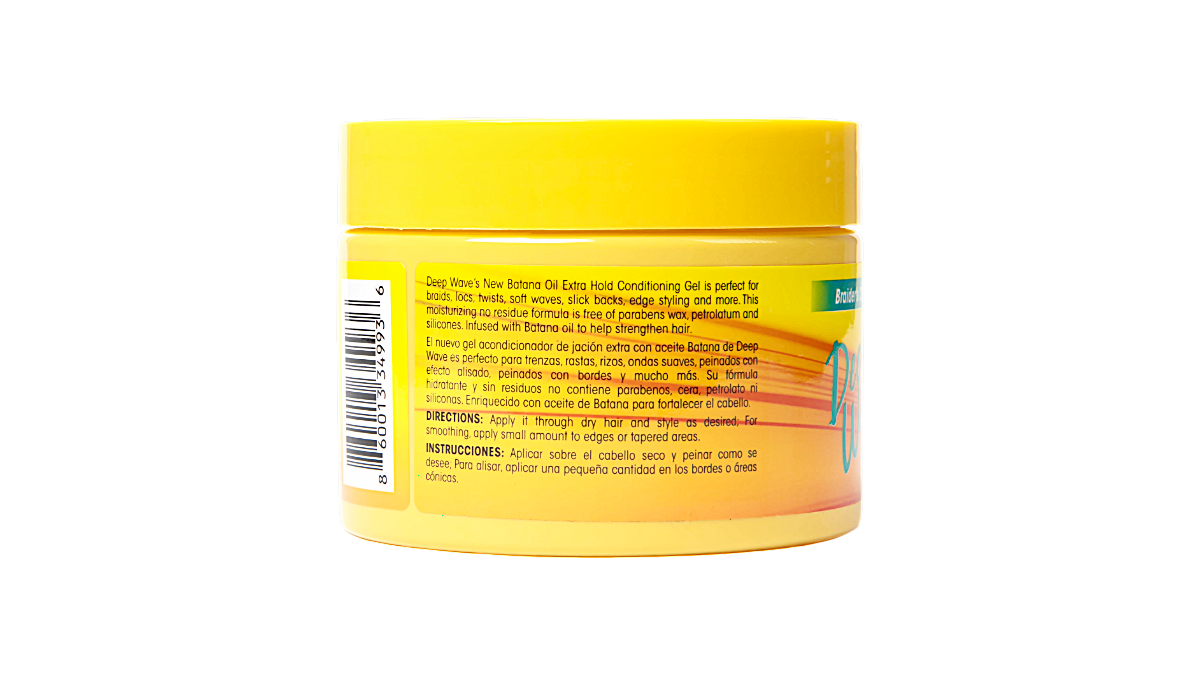 A yellow jar of Deep Wave Batana Oil Extra Hold Conditioning Gel shown from the back, displaying the product's text instructions and barcode on a white background.