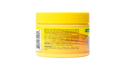 A yellow jar of Deep Wave Batana Oil Extra Hold Conditioning Gel shown from the back, displaying the product's text instructions and barcode on a white background.