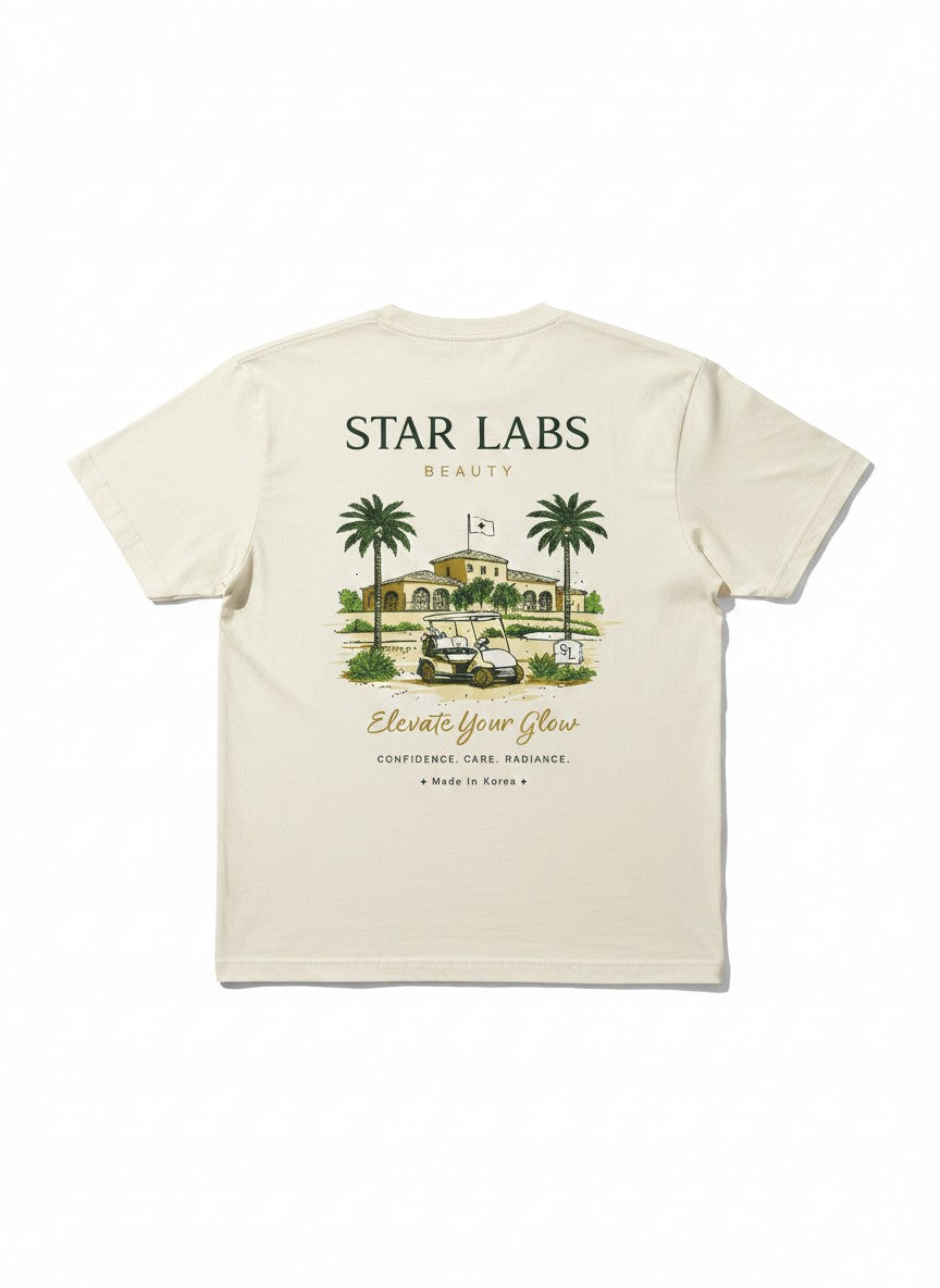 Star Labs Beauty T-shirt in off-white cotton with palm tree graphic and back print