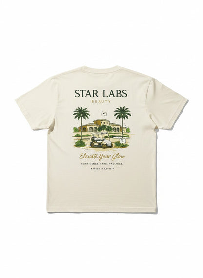 Star Labs Beauty T-shirt in off-white cotton with palm tree graphic and back print
