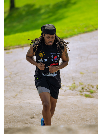 Black sleeveless athletic shirt with colorful StarLabs graphics, breathable fabric