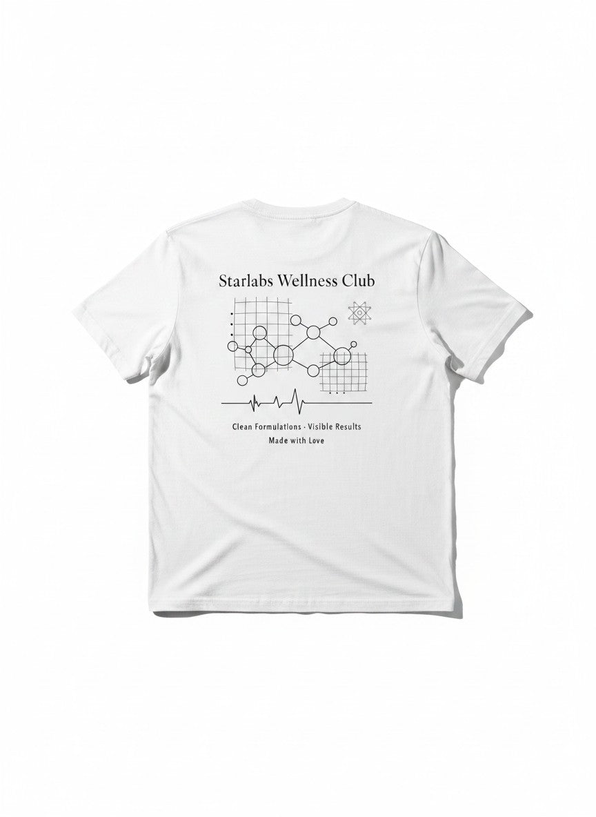 White t-shirt with 'Starlabs Wellness Club' design on a white background