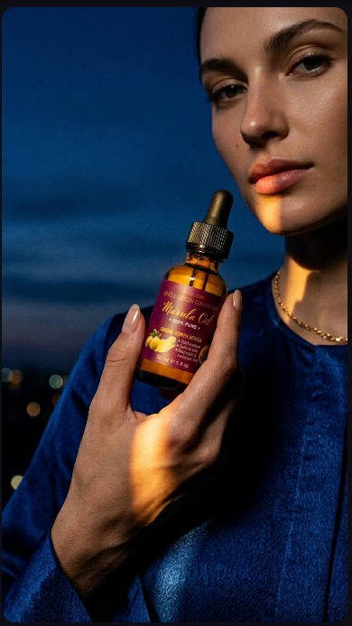Person holding a bottle of StarLabs Marula Oil product against a dark background