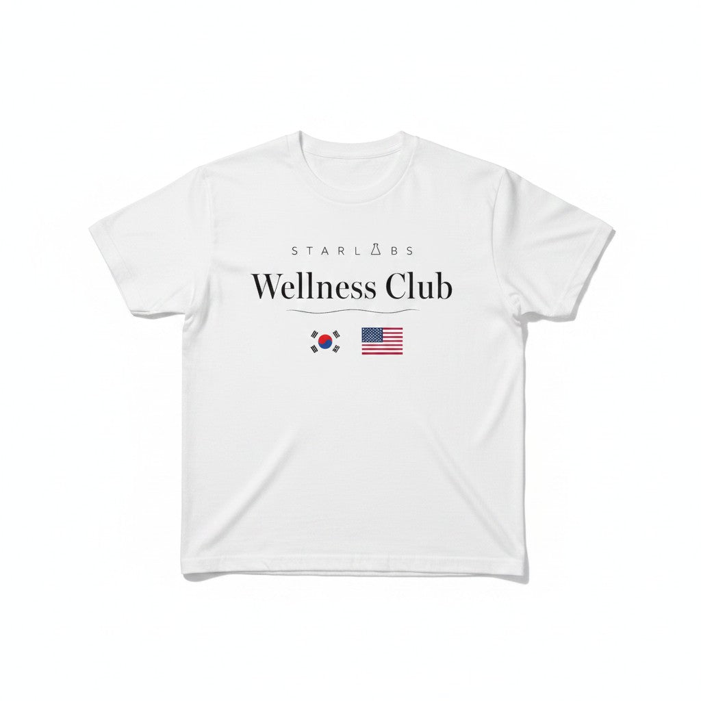 White t-shirt with 'Starlabs Wellness Club' text and logos on a white background