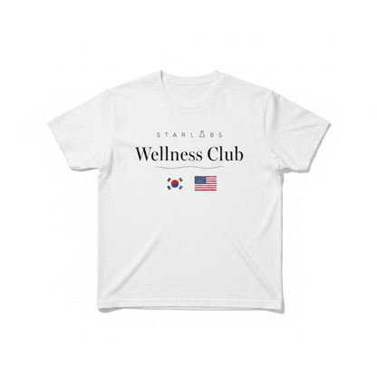 White t-shirt with 'Starlabs Wellness Club' text and logos on a white background
