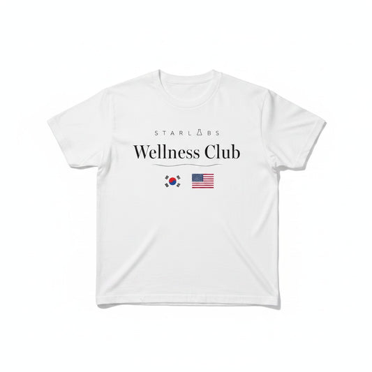 White t-shirt with 'Starlabs Wellness Club' text and logos on a white background
